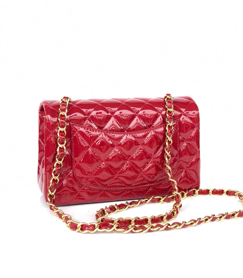 MINI RECTANGLE FLAP BAG 20CM RED PATENT CALFSKIN GOLD HARDWARE