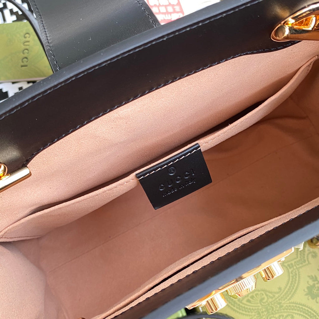 GG PADLOCK MEDIUM 26 SHOULDER BAG BEIGE CANVAS AND BLACK CALFSKIN
