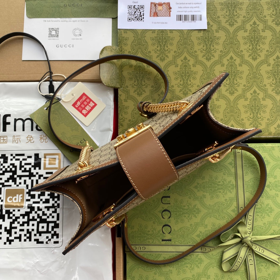GG PADLOCK MEDIUM 26 SHOULDER BAG BEIGE CANVAS AND BROWN CALFSKIN