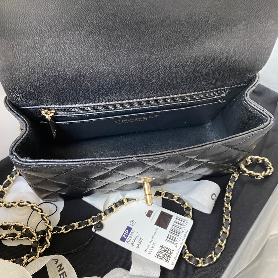 CHANEL 25S MINI FLAP BAG WITH TOP HANDLE 20 IN BLACK CALFSKIN GOLD HARDWARE