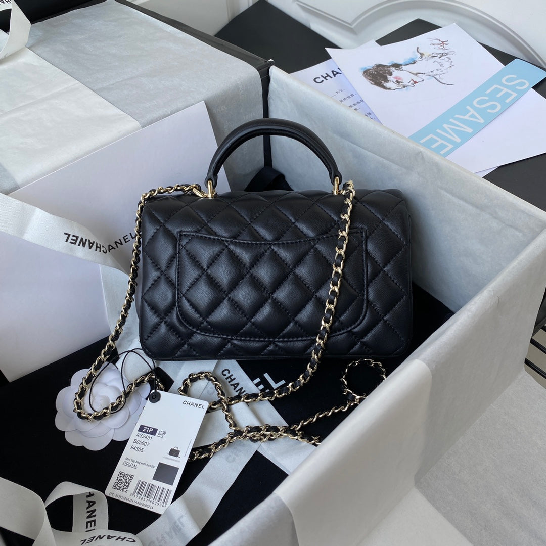 CHANEL 25S MINI FLAP BAG WITH TOP HANDLE 20 IN BLACK CALFSKIN GOLD HARDWARE