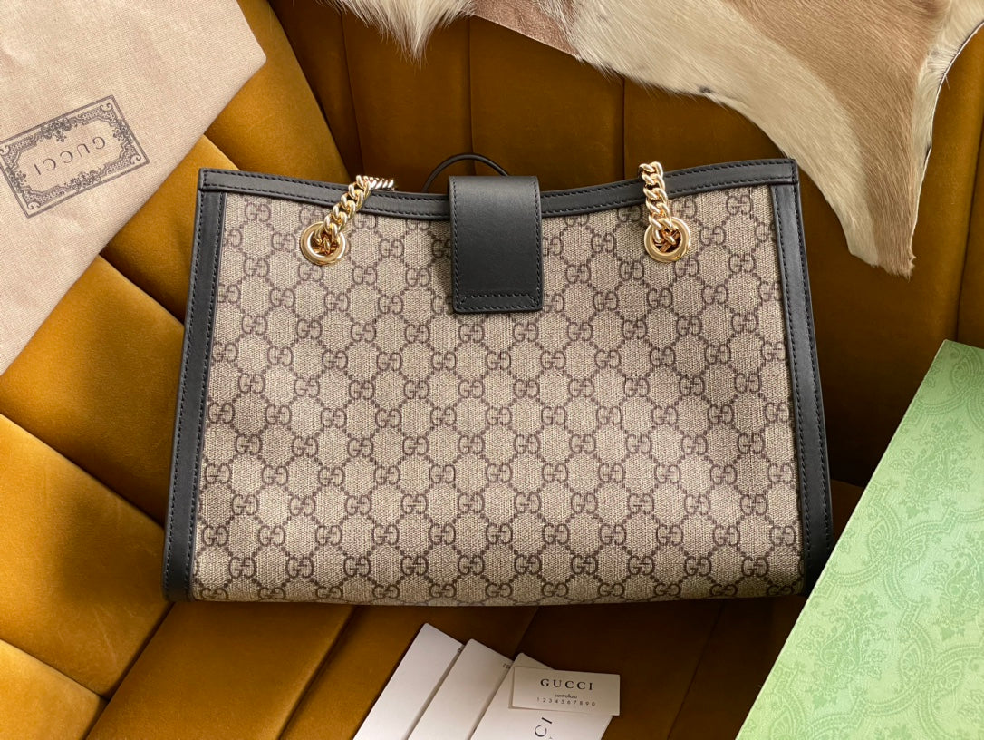 GG PADLOCK LARGE 35 SHOULDER BAG BEIGE CANVAS AND BLACK CALFSKIN