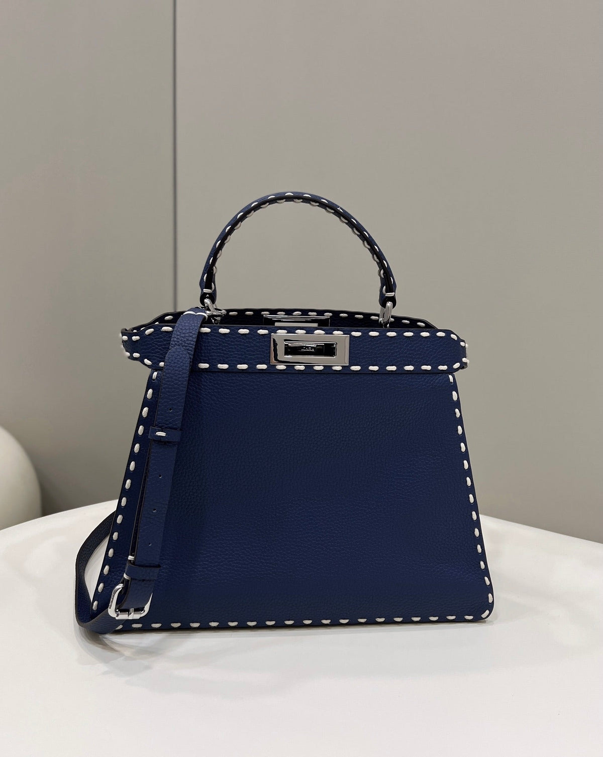 PEEKABOO ISEEU 33 IN NAVY BLUE GRAINED CALFSKIN SILVER HARDWARE