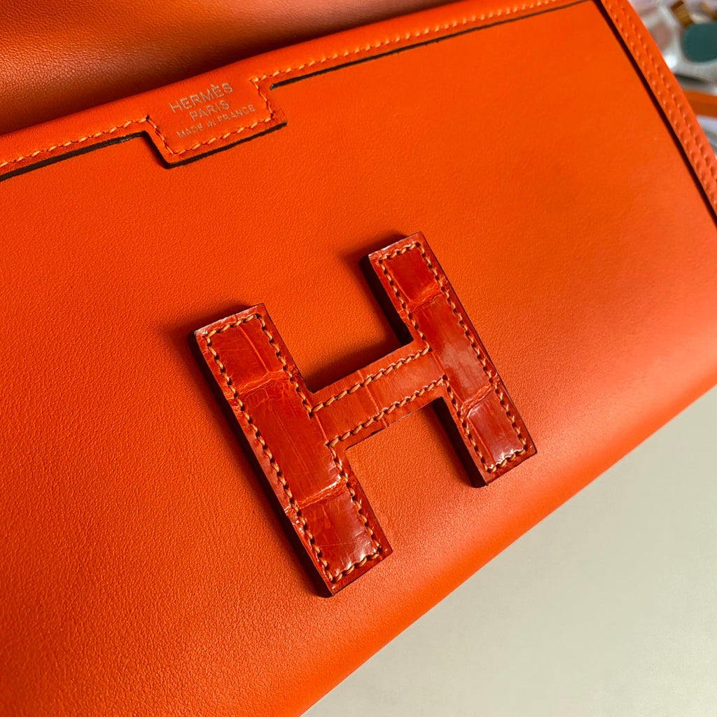 JIGE ELAN 29 CLUTCH IN BRIGHT ORANGE CALFSKIN WITH LIZARD SKIN