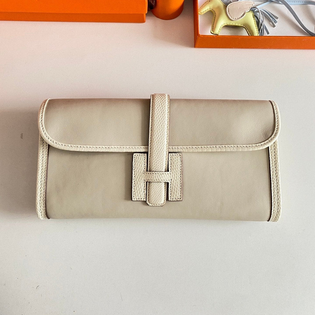 JIGE ELAN 29 CLUTCH IN BISQUE BEIGE CALFSKIN WITH LIZARD SKIN