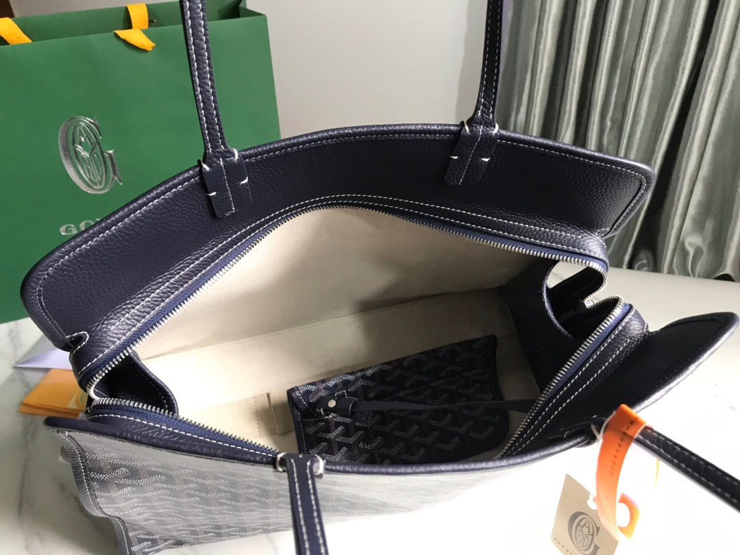 HARDY PM BAG 40 IN NAVY BLUE GOYARDINE CANVAS AND BLACK TAURILLON LEATHER TRIM