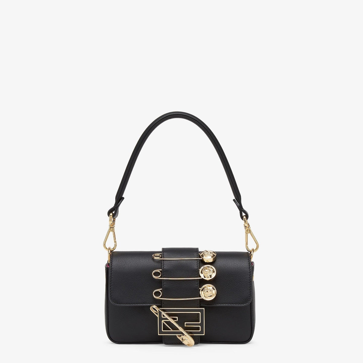 FENDI FENDACE BROOCH MINI 20 BAGUETTE BAG IN BLACK CALFSKIN