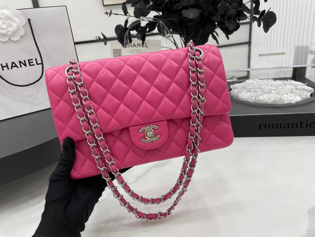 CC 25 CLASSIC SMALL DOUBLE FLAP BAG IN BRIGHT PINK CALFSKIN WITH STRAP
