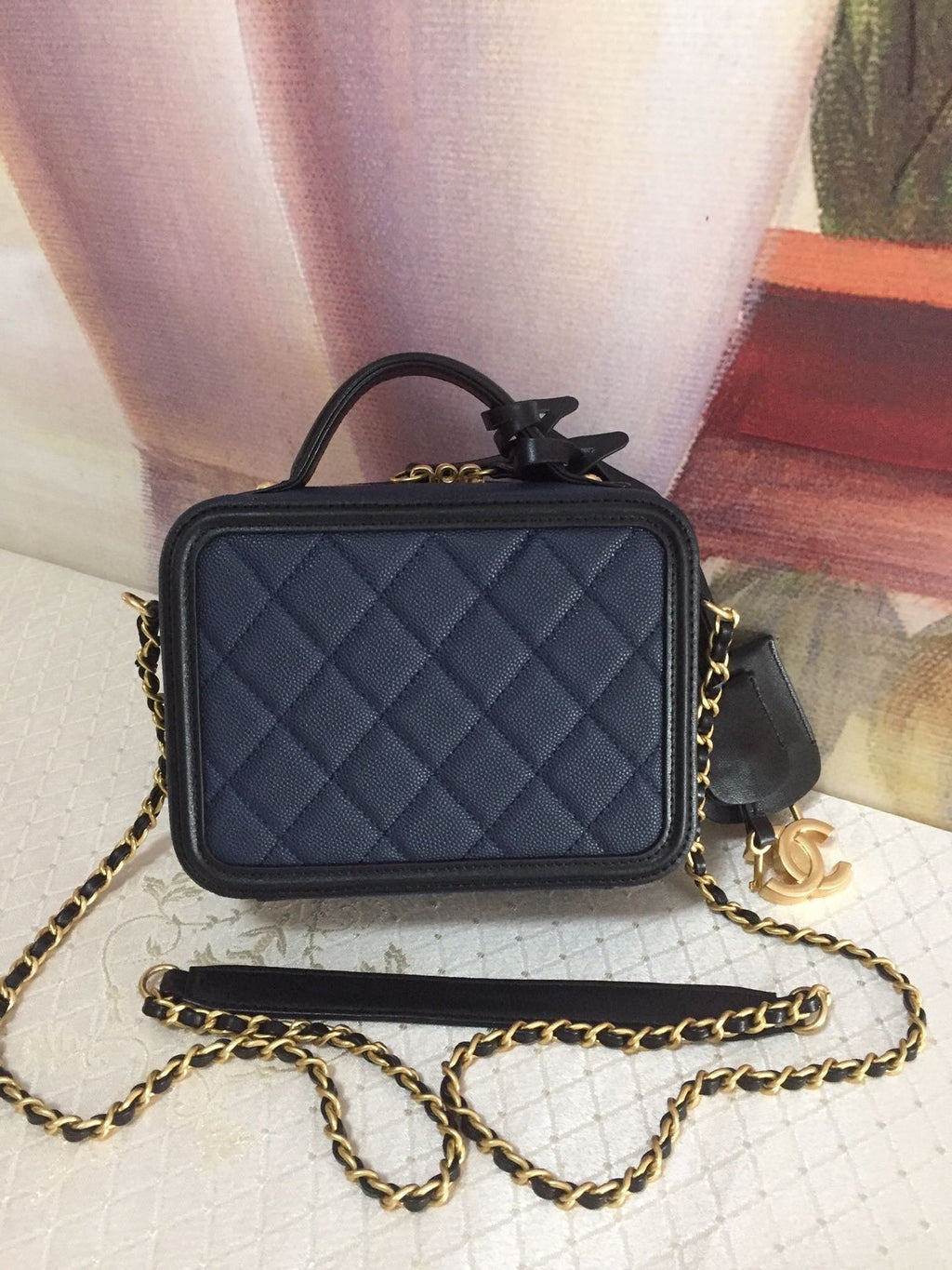 CC MINI 17 VANITY CASE IN AEGEAN BLUE MIX BLACK CALFSKIN GOLD HARDWARE