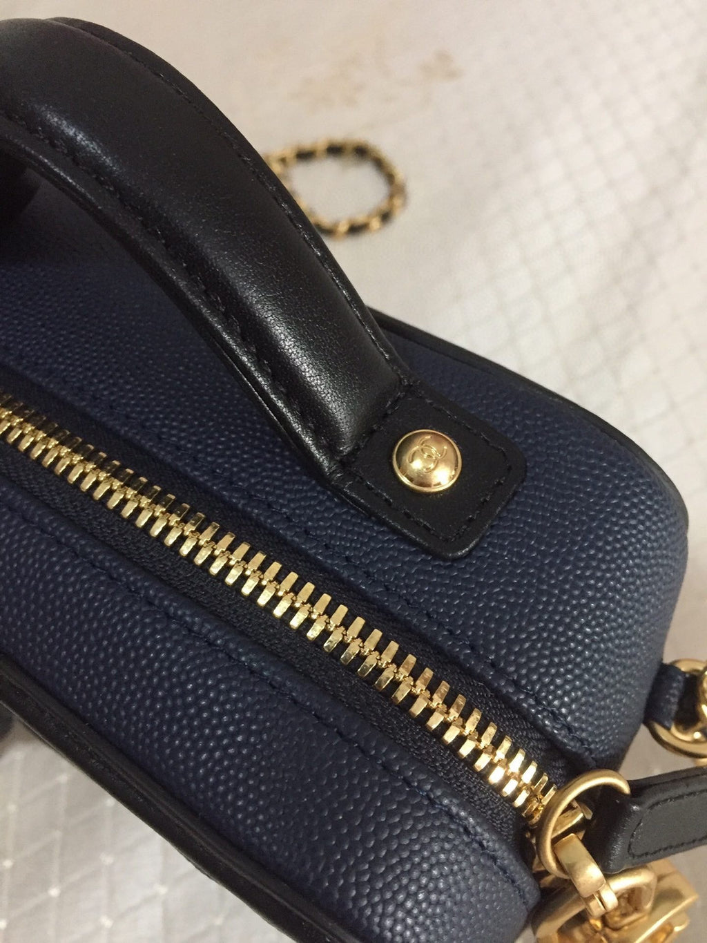 CC MINI 17 VANITY CASE IN AEGEAN BLUE MIX BLACK CALFSKIN GOLD HARDWARE
