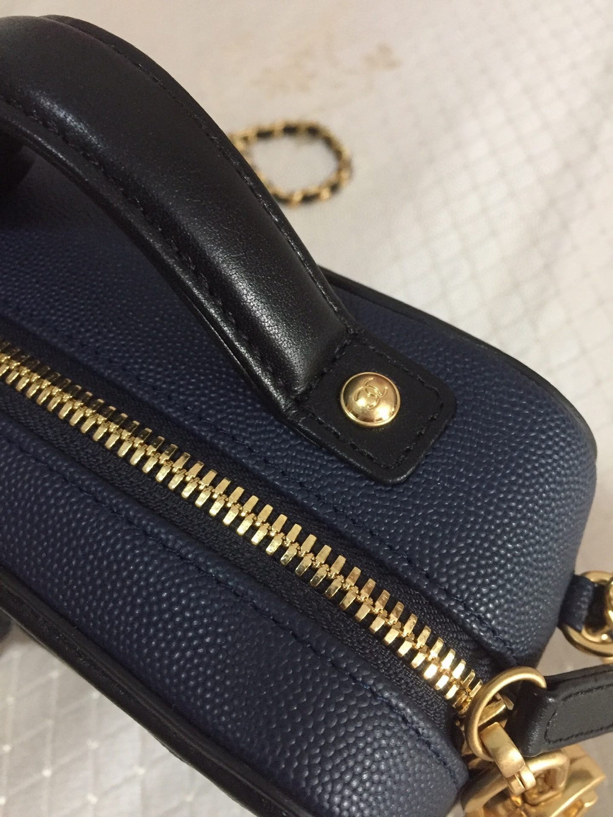 CC MINI 17 VANITY CASE IN AEGEAN BLUE MIX BLACK CALFSKIN GOLD HARDWARE