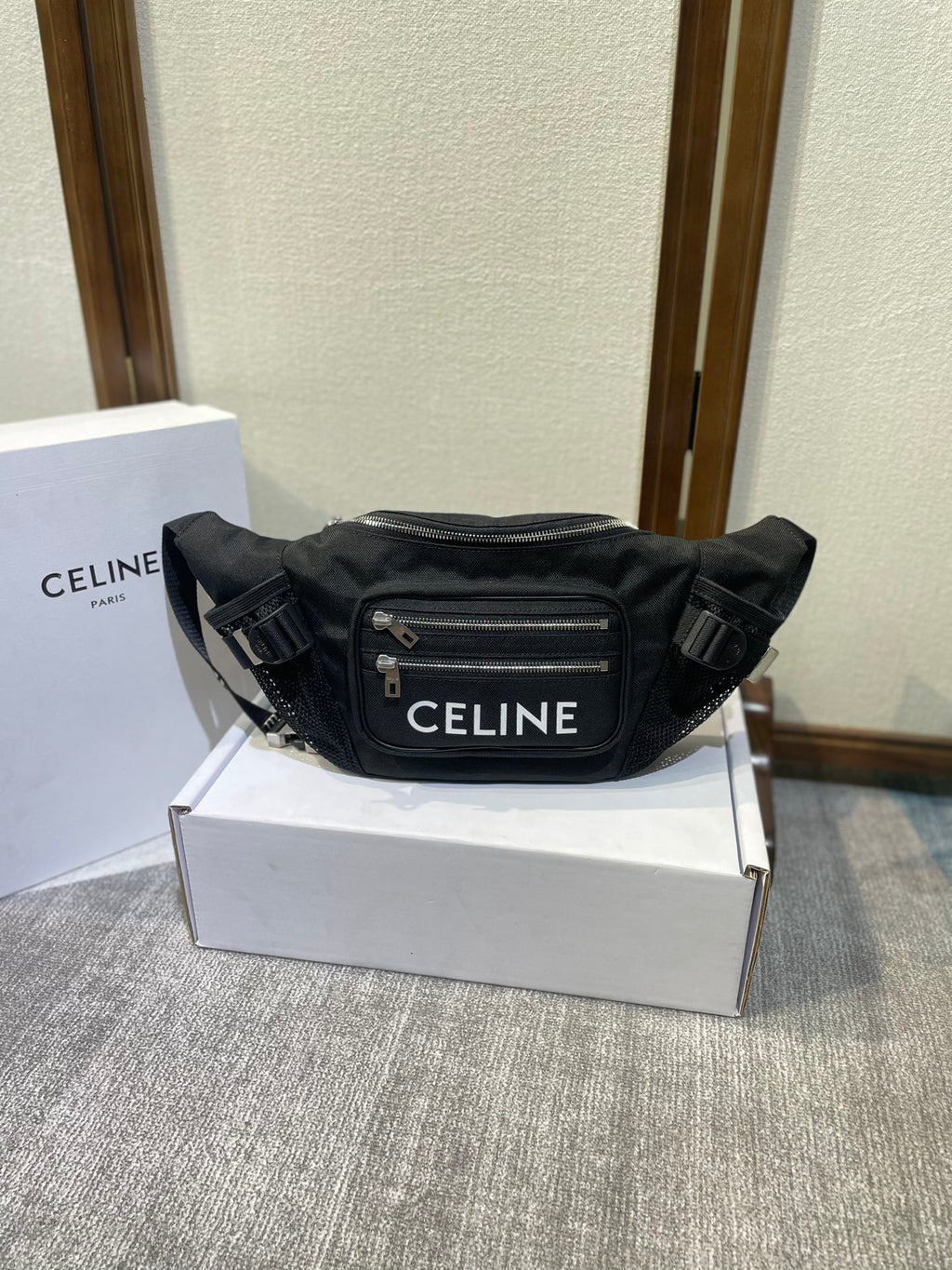 TREKKING BELT BAG 43 IN BLACK NYLON WITH CELINE PRINT