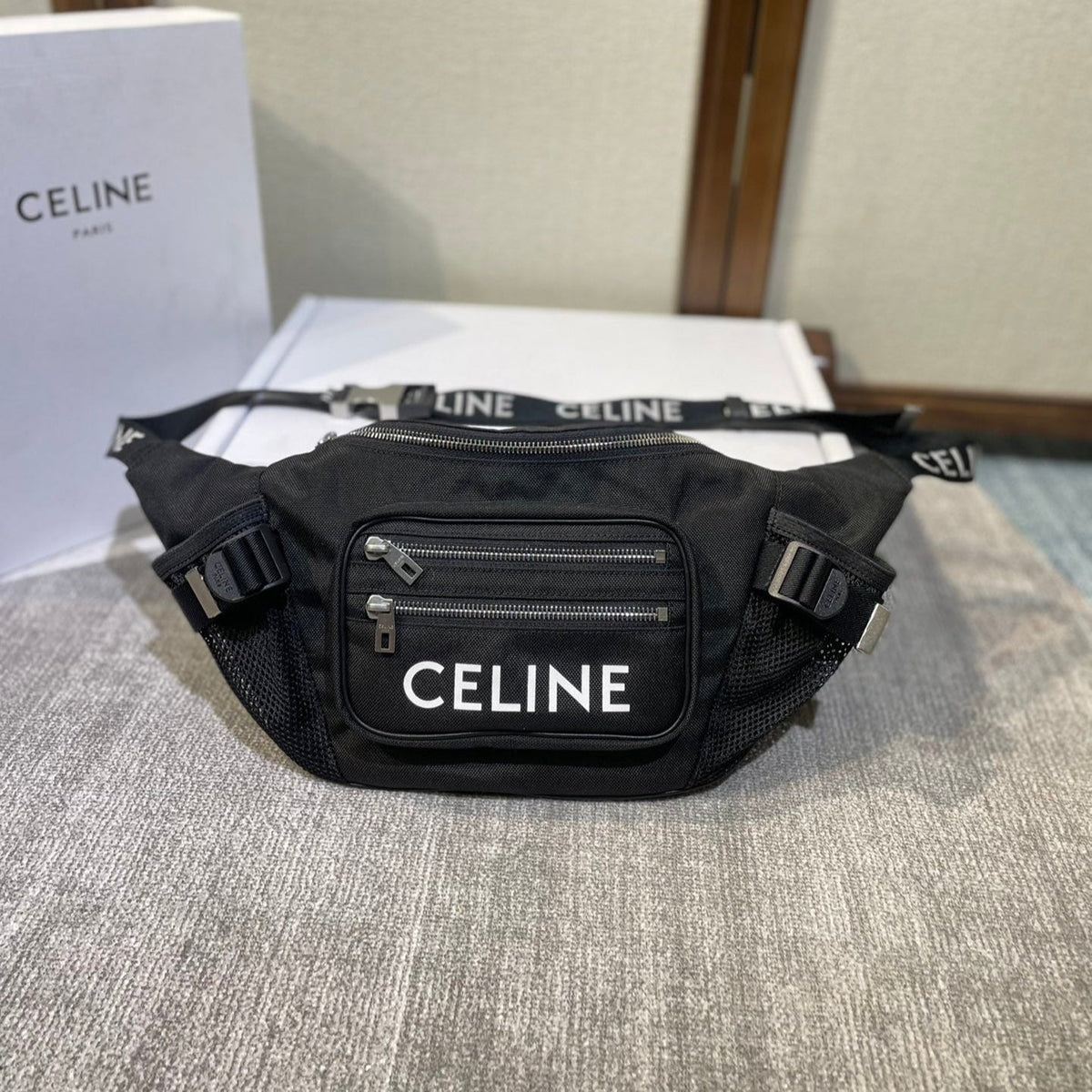TREKKING BELT BAG 43 IN BLACK NYLON WITH CELINE PRINT
