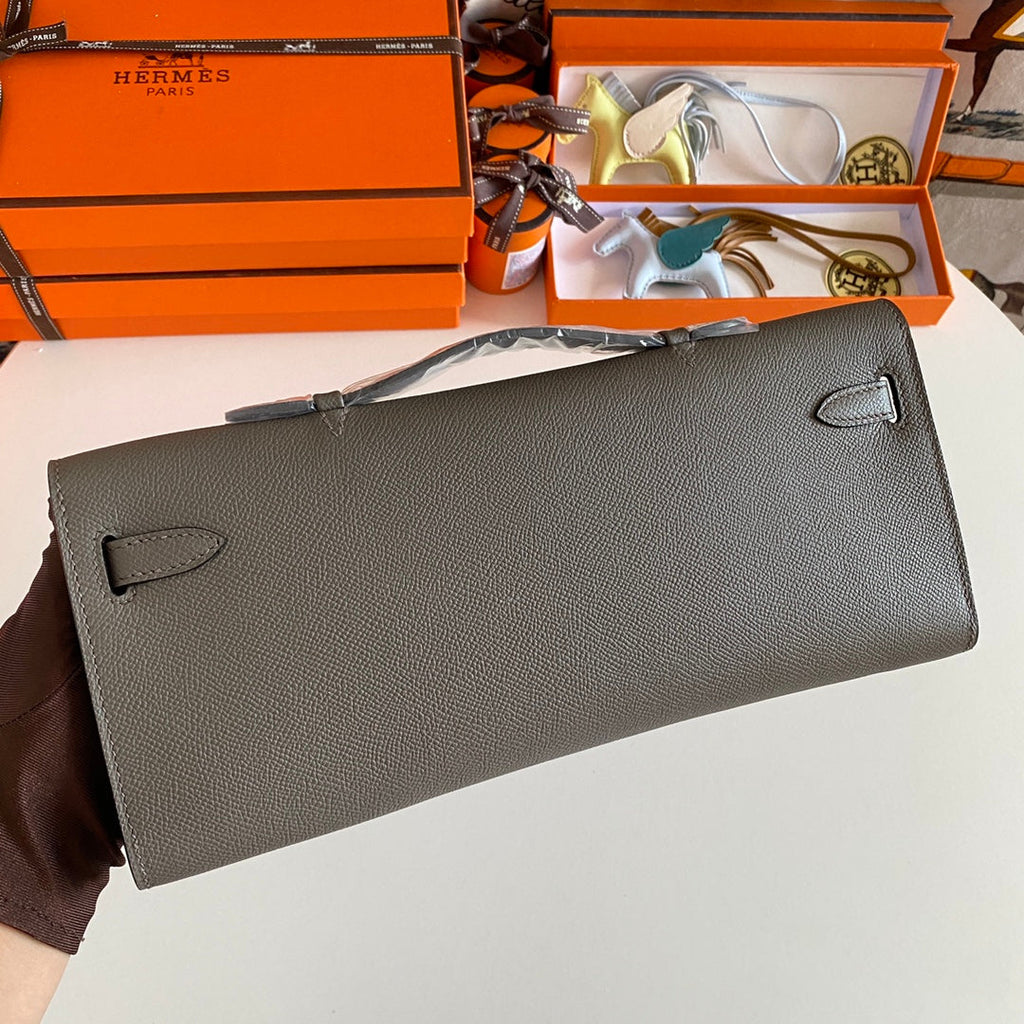 KELLY CUT 31 IN WOOD BROWN CALFSKIN WITH SILVER HARDWARE