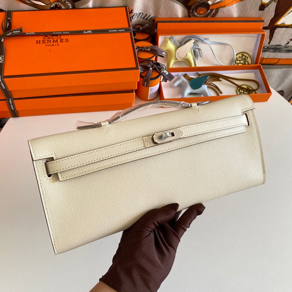 KELLY CUT 31 IN BEIGE CREAM CALFSKIN WITH SILVER HARDWARE