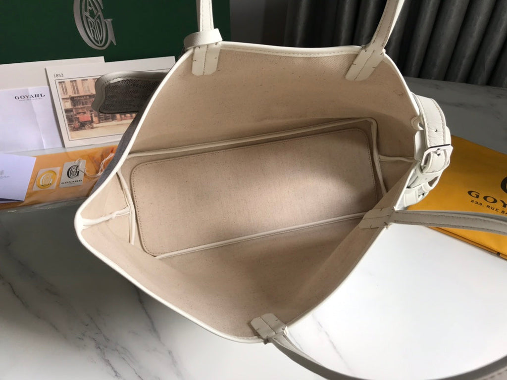 CHIEN GRIS BAG 33 IN WHITE GOYARDINE CANVAS AND TAN CALFSKIN TRIM