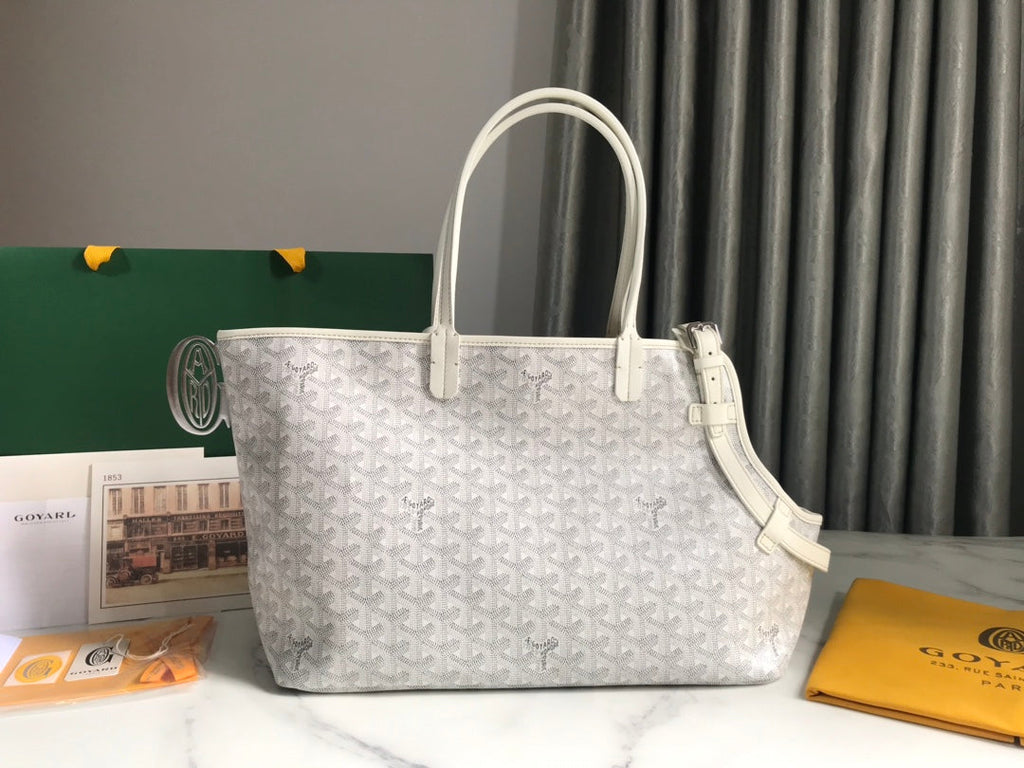 CHIEN GRIS BAG 33 IN WHITE GOYARDINE CANVAS AND TAN CALFSKIN TRIM