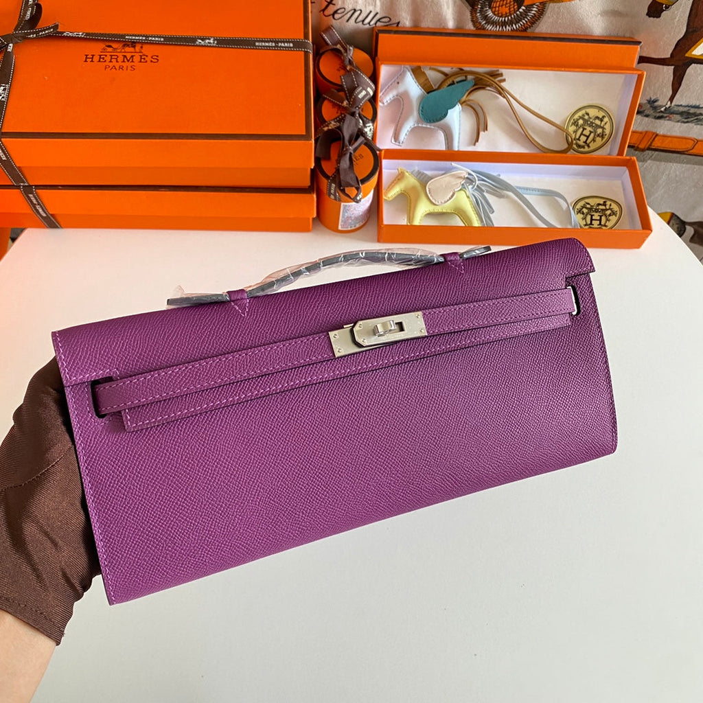 KELLY CUT 31 IN VIOLET PURPLE CALFSKIN WITH SILVER HARDWARE