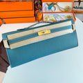 KELLY CUT 31 IN AZURE BLUE CALFSKIN WITH GOLD HARDWARE