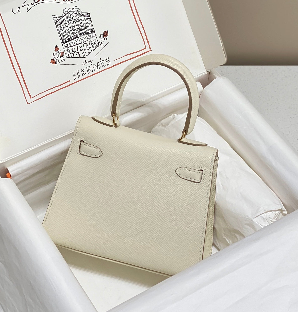KELLY MINI 20 BAG IN WHITE CALFSKIN WITH GOLD HARDWARE