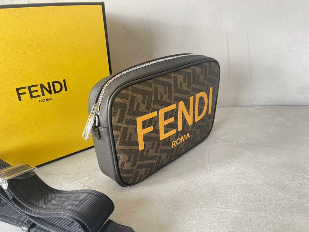 FENDI ROMA 22 CLUTCH BAG IN CHOCOLATE BROWN FF CALFSKIN SILVER HARDWARE WITH GOLDEN LOGO