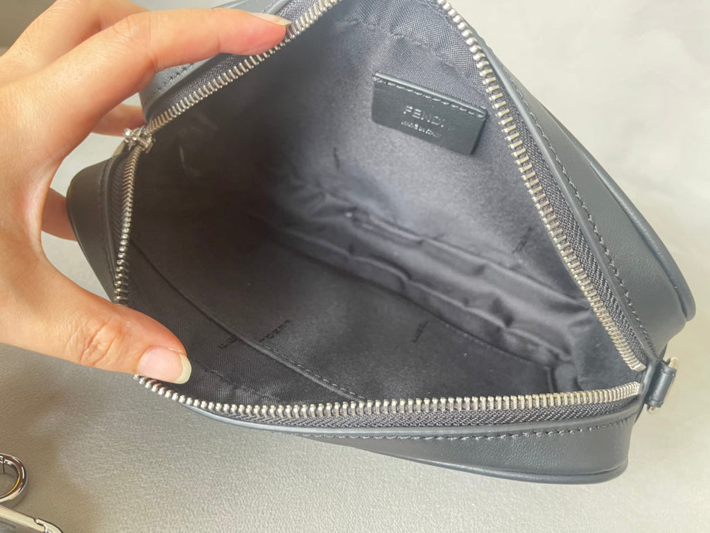 FENDI ROMA 22 CLUTCH BAG IN DARK GREY FF CALFSKIN SILVER HARDWARE WITH WHITE LOGO