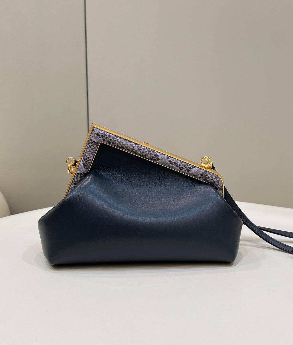 FENDI FIRST SMALL 26 BLACK LEATHER BAG WITH EXOTIC DETAILS