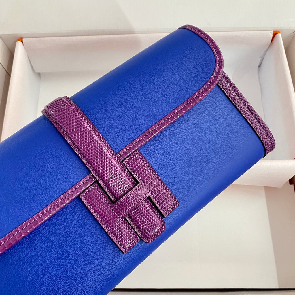 JIGE ELAN 29 CLUTCH IN COBALT BLUE CALFSKIN WITH VIOLET PURPLE LIZARD SKIN