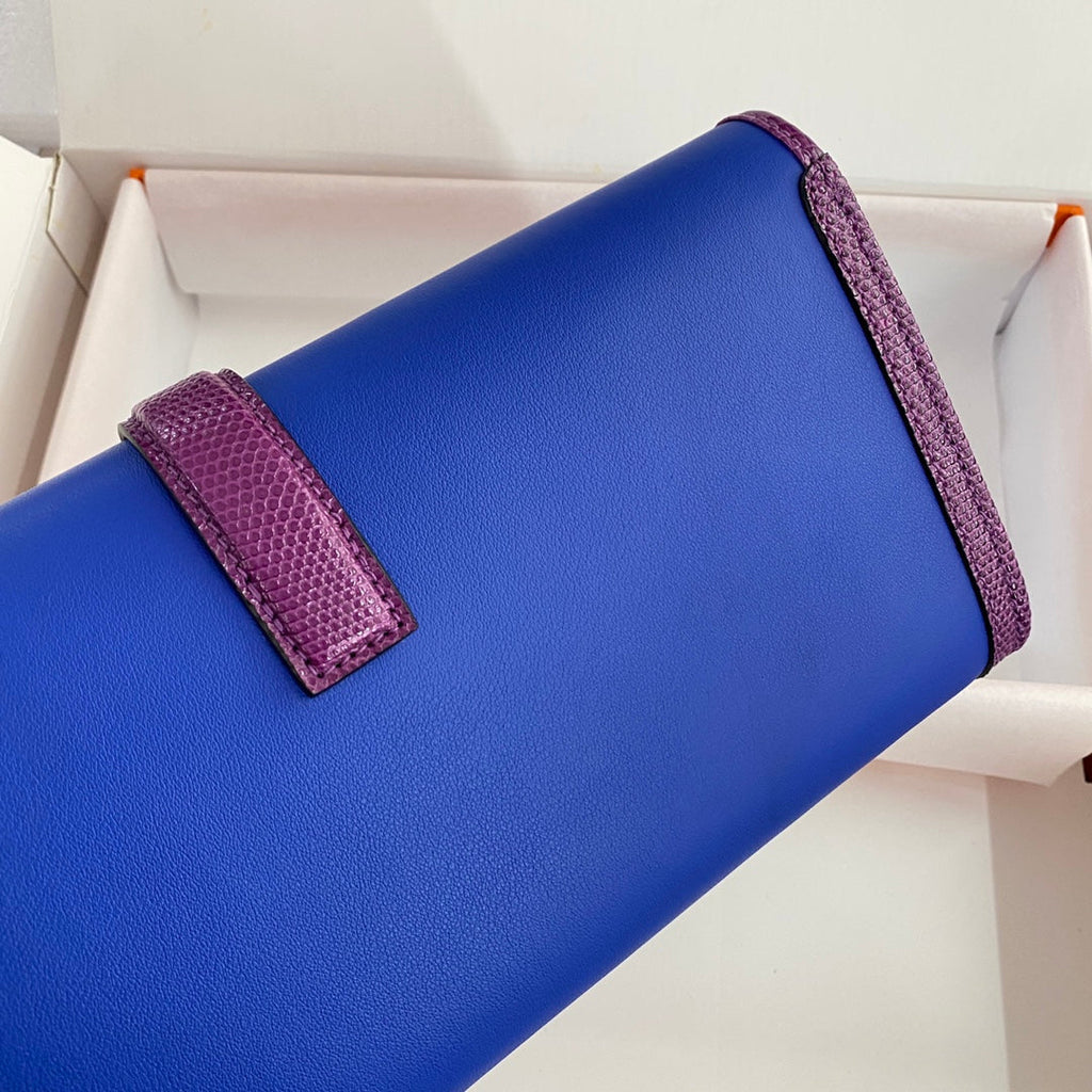 JIGE ELAN 29 CLUTCH IN COBALT BLUE CALFSKIN WITH VIOLET PURPLE LIZARD SKIN