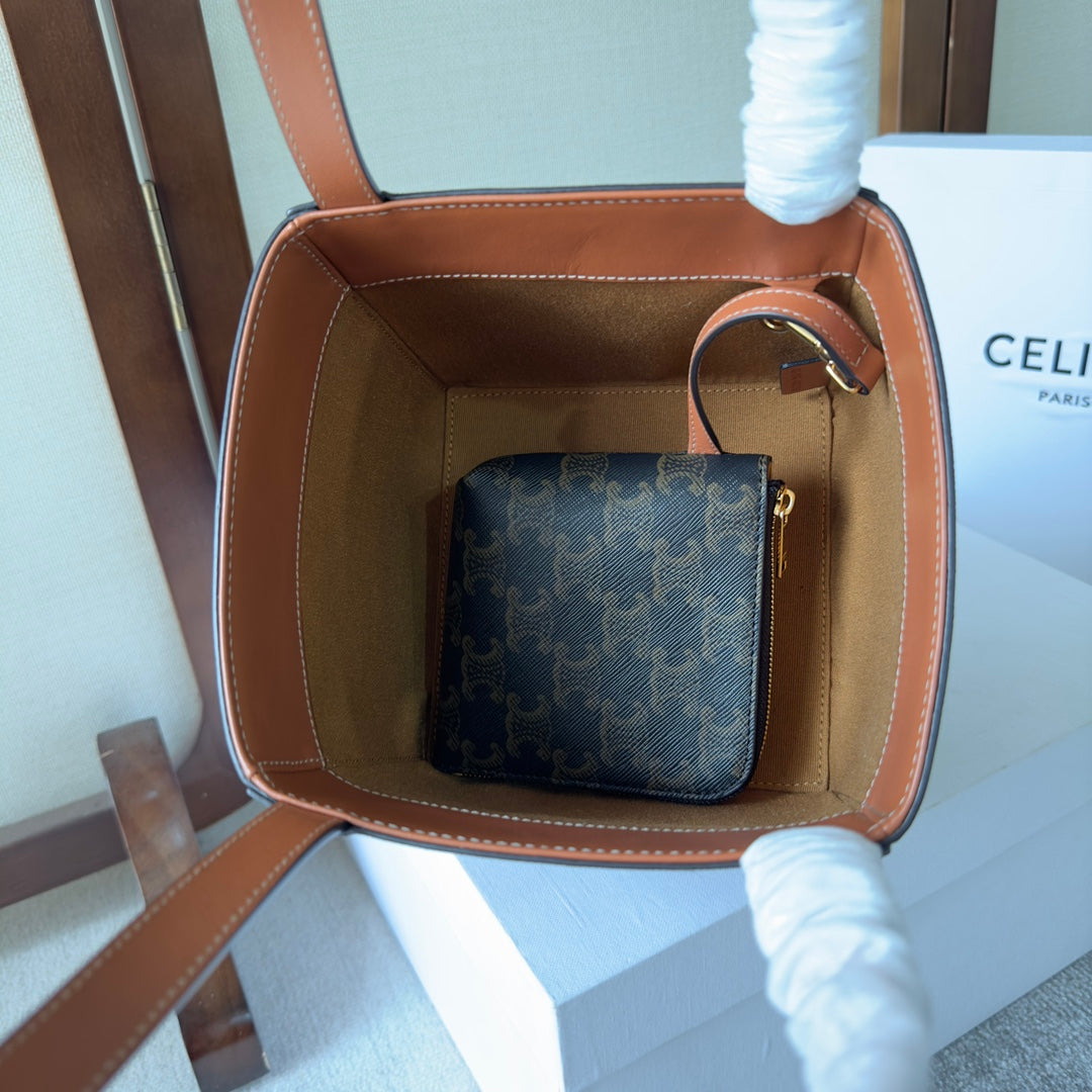 CUBE BAG 15 IN BLACK TRIOMPHE CANVAS AND BROWN CALFSKIN