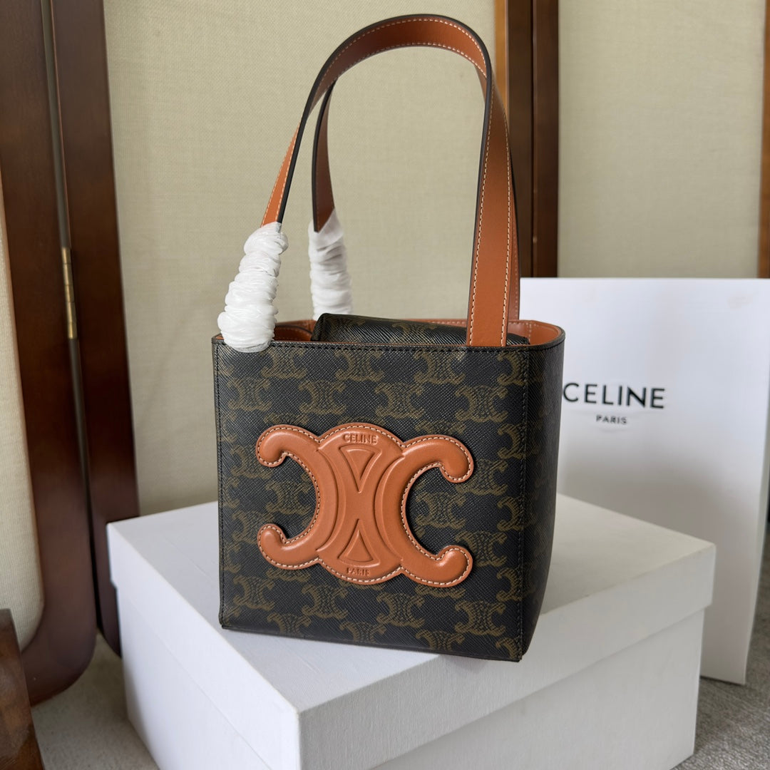 CUBE BAG 15 IN BLACK TRIOMPHE CANVAS AND BROWN CALFSKIN