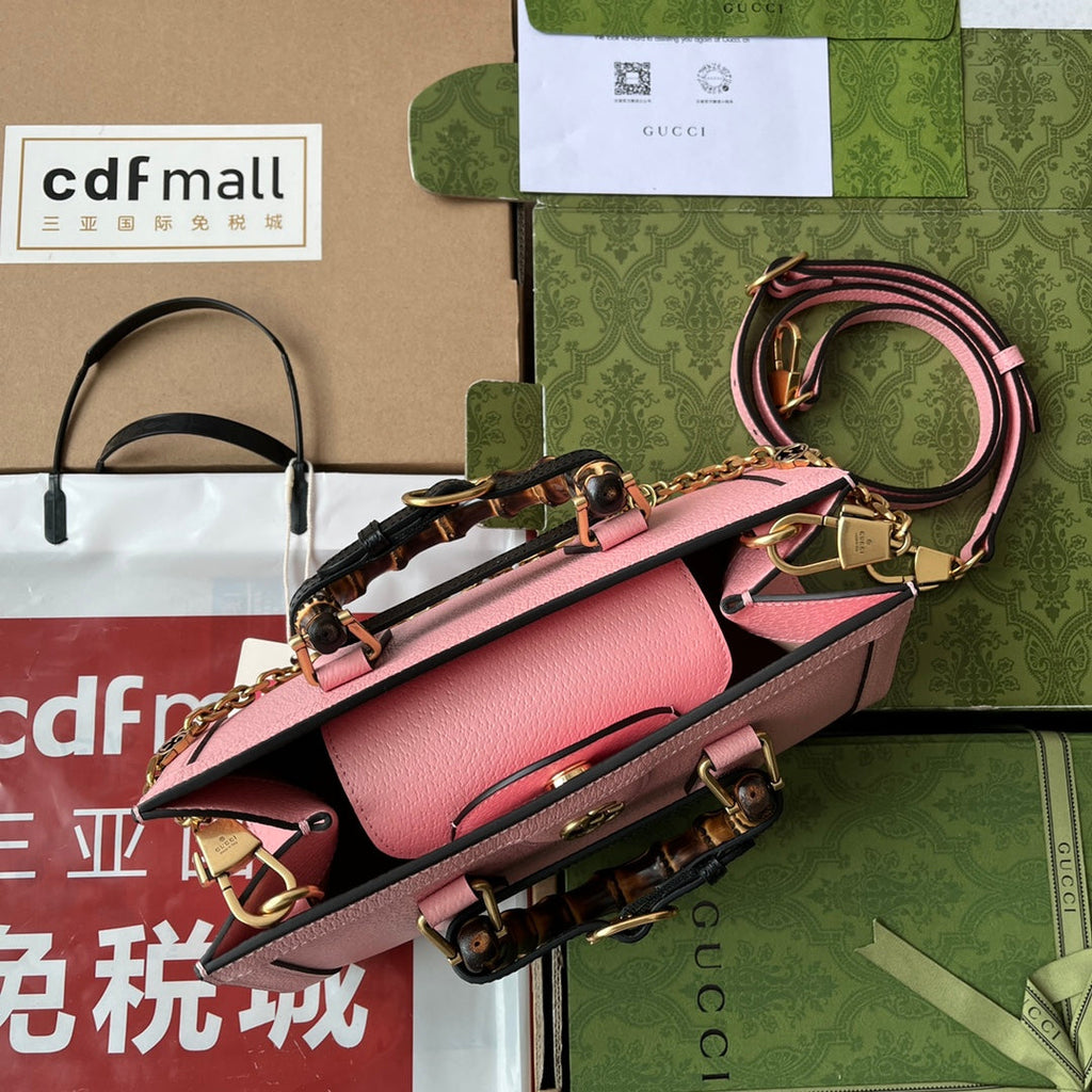 DIANA MEDIUM TOTE BAG 27 IN PINK CALFSKIN BAMBOO HANDLES