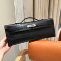 KELLY CUT 31 IN BLACK SHINY ALLIGATOR LEATHER WITH SILVER HARDWARE