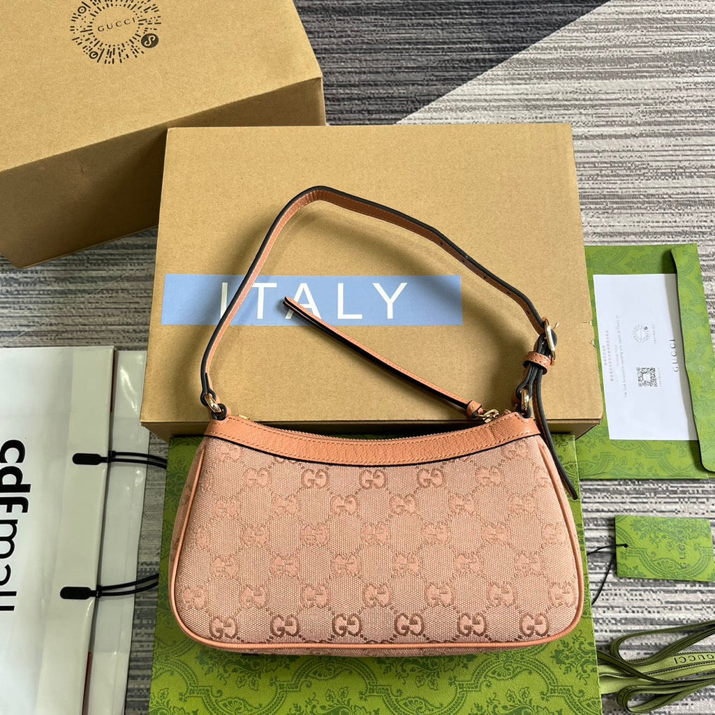 OPHIDIA GG SMALL 25 HANDBAG IN LIGHT PINK CANVAS AND CALFSKIN