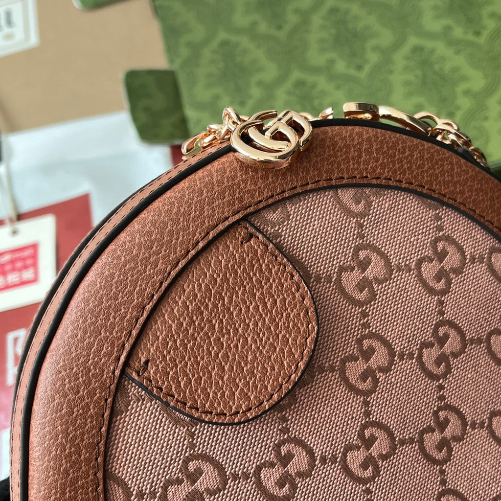 OPHIDIA MINI ROUND SHOULDER BAG 18 IN BLUSH PINK CANVAS AND BROWN LEATHER TRIM