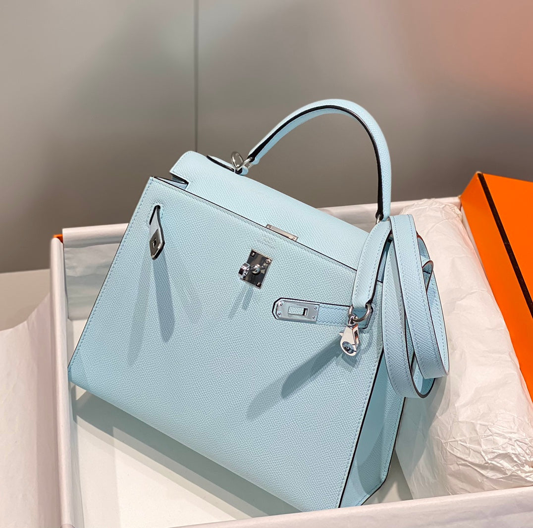 KELLY 25CM IN BLUE BRUME EPSOM CALFSKIN PALLADIUM HARDWARE
