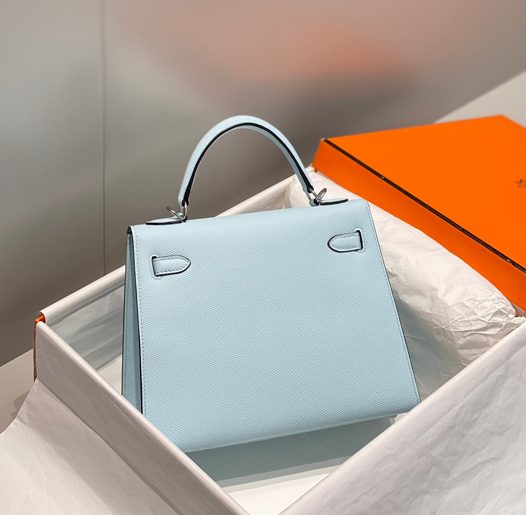 KELLY 25CM IN BLUE BRUME EPSOM CALFSKIN PALLADIUM HARDWARE
