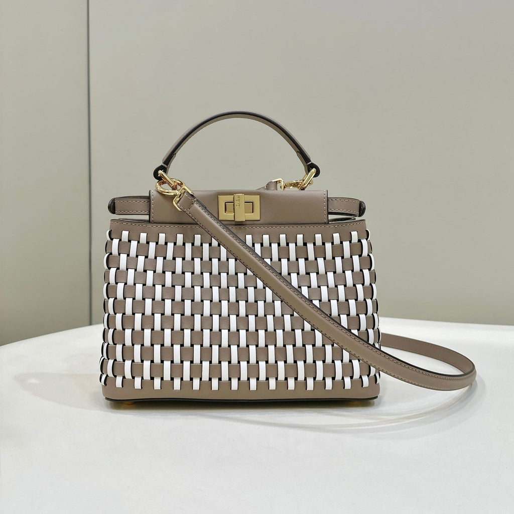 PEEKABOO 24 IN WHITE MIX BROWN INTERLACED CALFSKIN GOLD HARDWARE