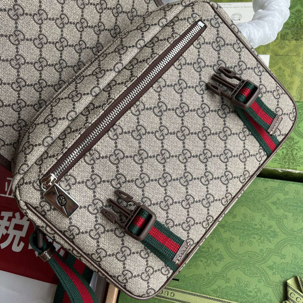 OPHIDIA MEDIUM MESSENGER BAG 27 IN BEIGE AND EBONY GG CALFSKIN GREEN RED WEB STRIPE CANVAS