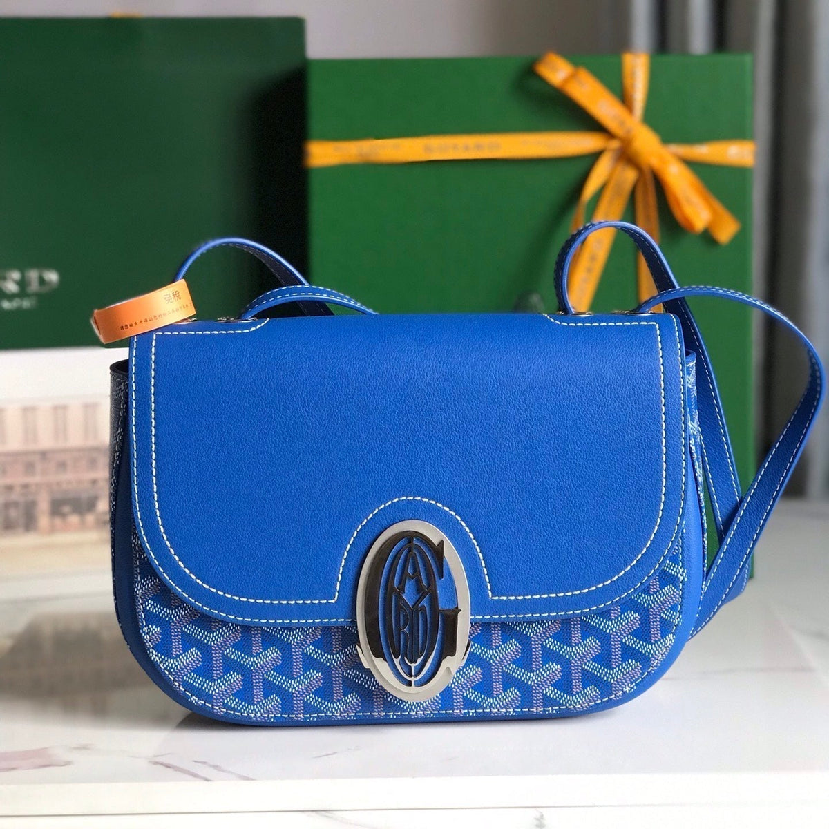 233 BAG 25 IN SAPPHIRE BLUE CALFKIN AND GOYARDINE CANVAS