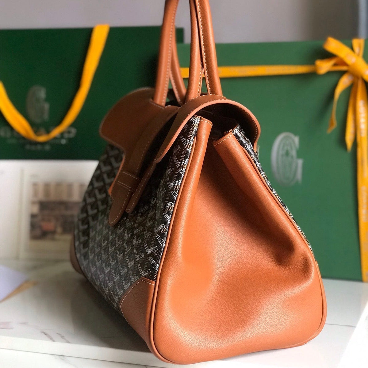 SAIGON SOUPLE BAG 34 IN BROWN GOYARDINE CANVAS AND CALFSKIN