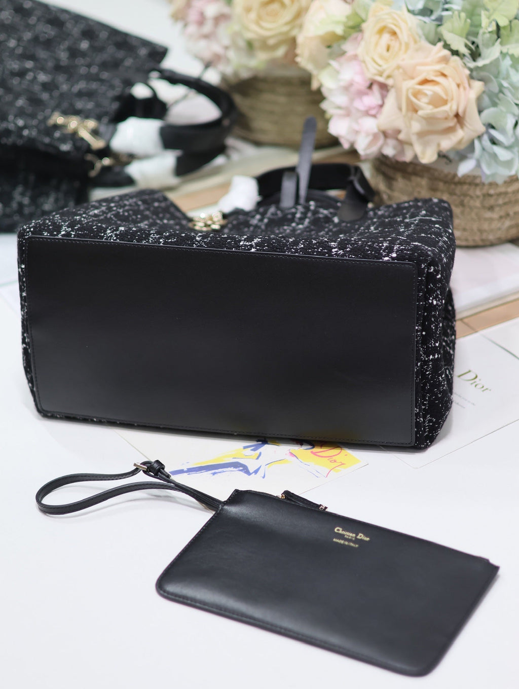 TOUJOURS BAG 37 IN BLACK MIX WHITE CANNAGE TWEED WITH GOLD HARDWARE