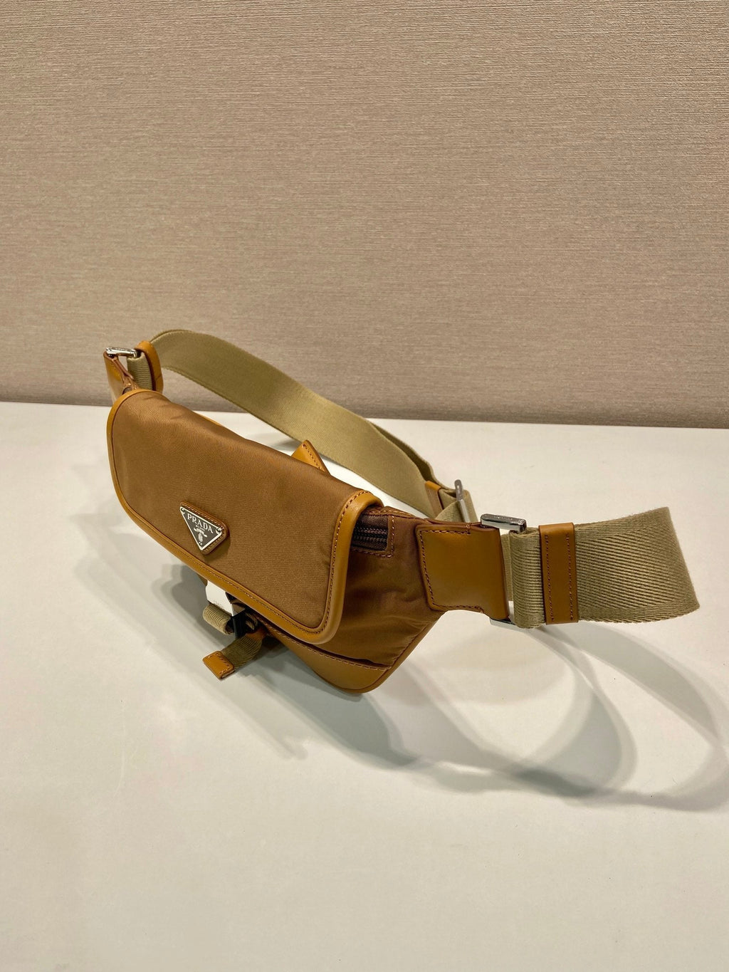 BELT BAG 18 IN SEPIA BROWN RE-NYLON AND CALFSKIN TRIM