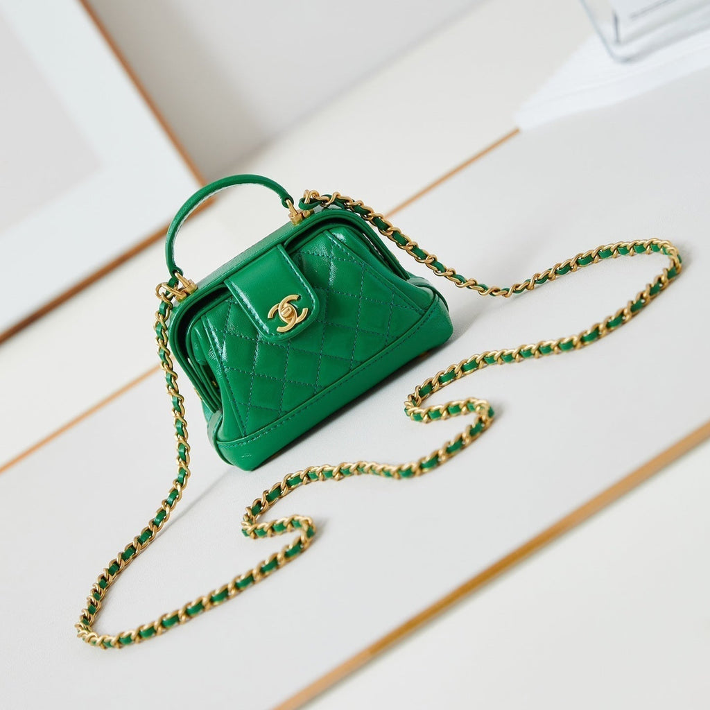MINI TOP HANDLE BAG 13 IN GREEN OIL-WAX LAMBSKIN GOLD HARDWARE
