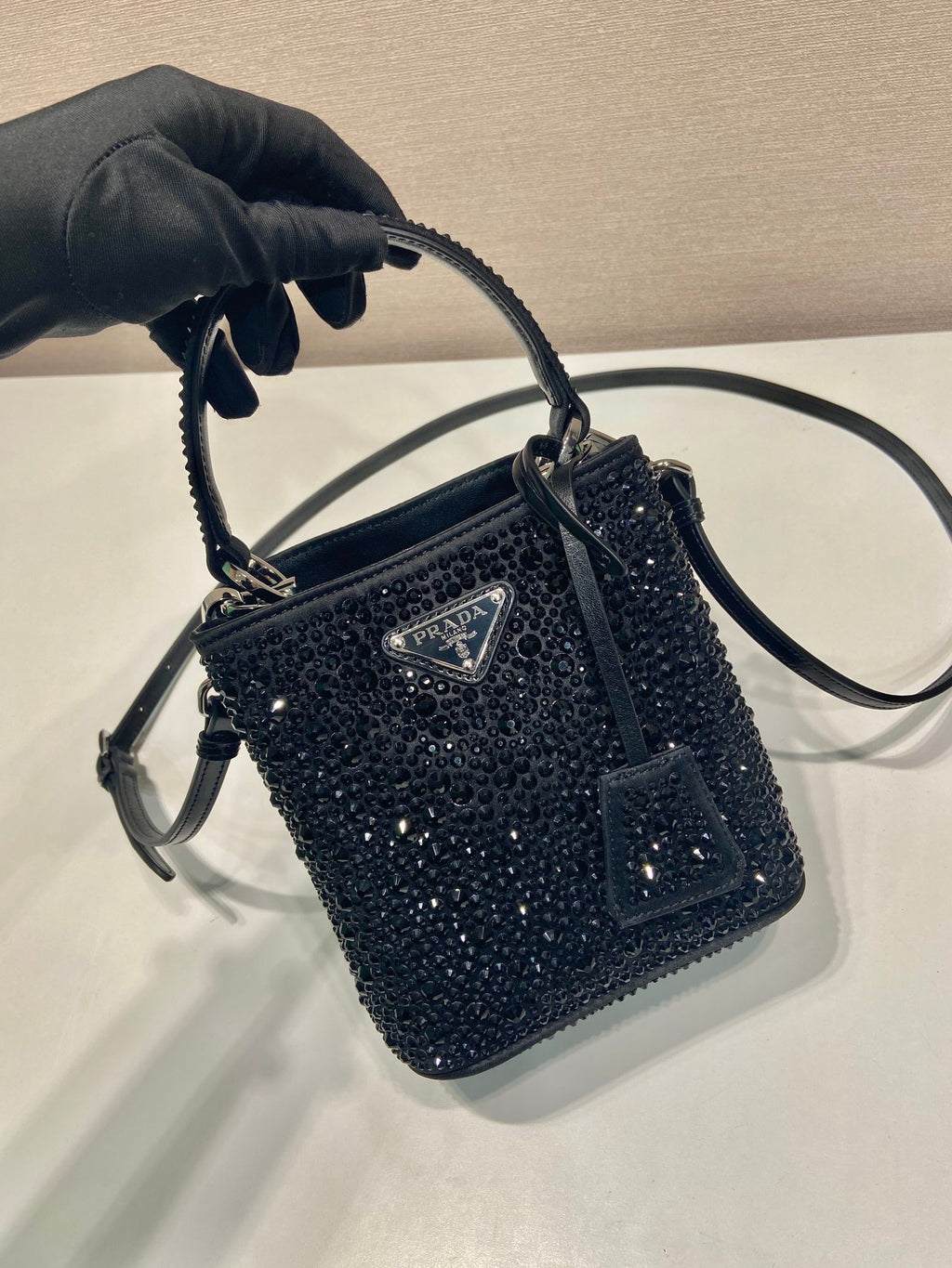 PANIER BUCKET BAG 16 IN BLACK CALFSKIN ATTACHED FULL CRYSTALS