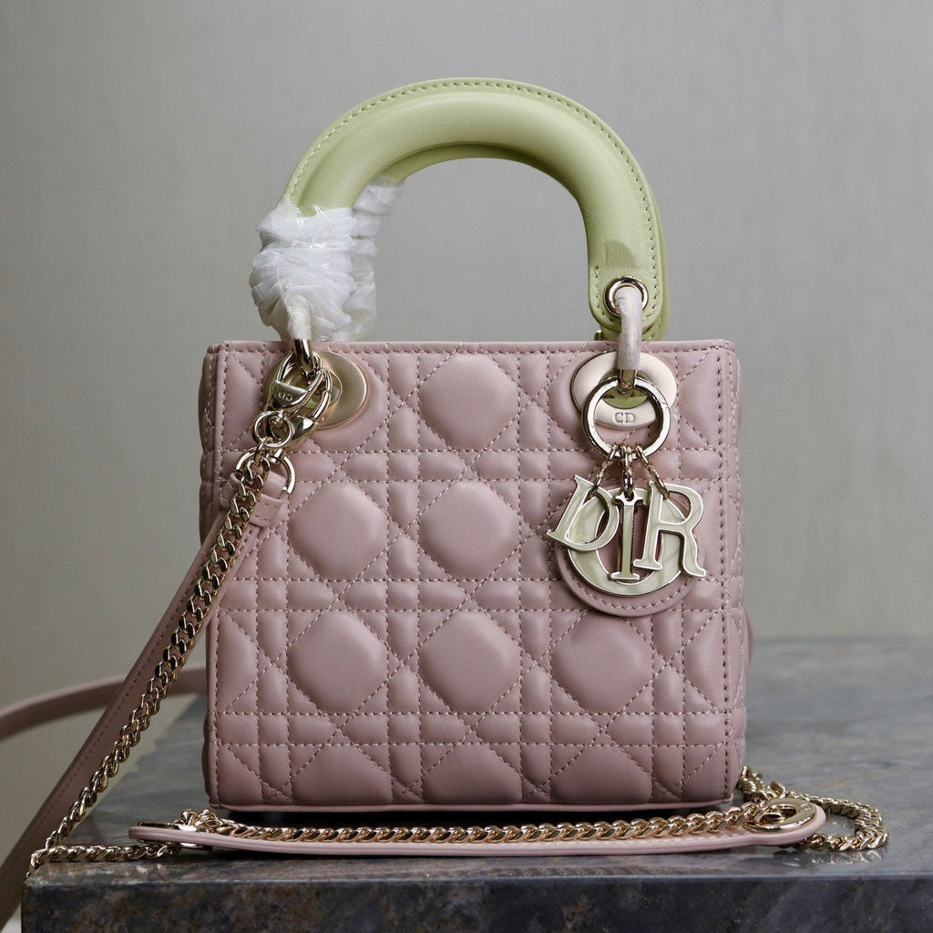 MINI LADY BAG 17 IN BABY PINK QUILTED MACROCANNAGE CALFSKIN SWAMP YELLOW STRAP