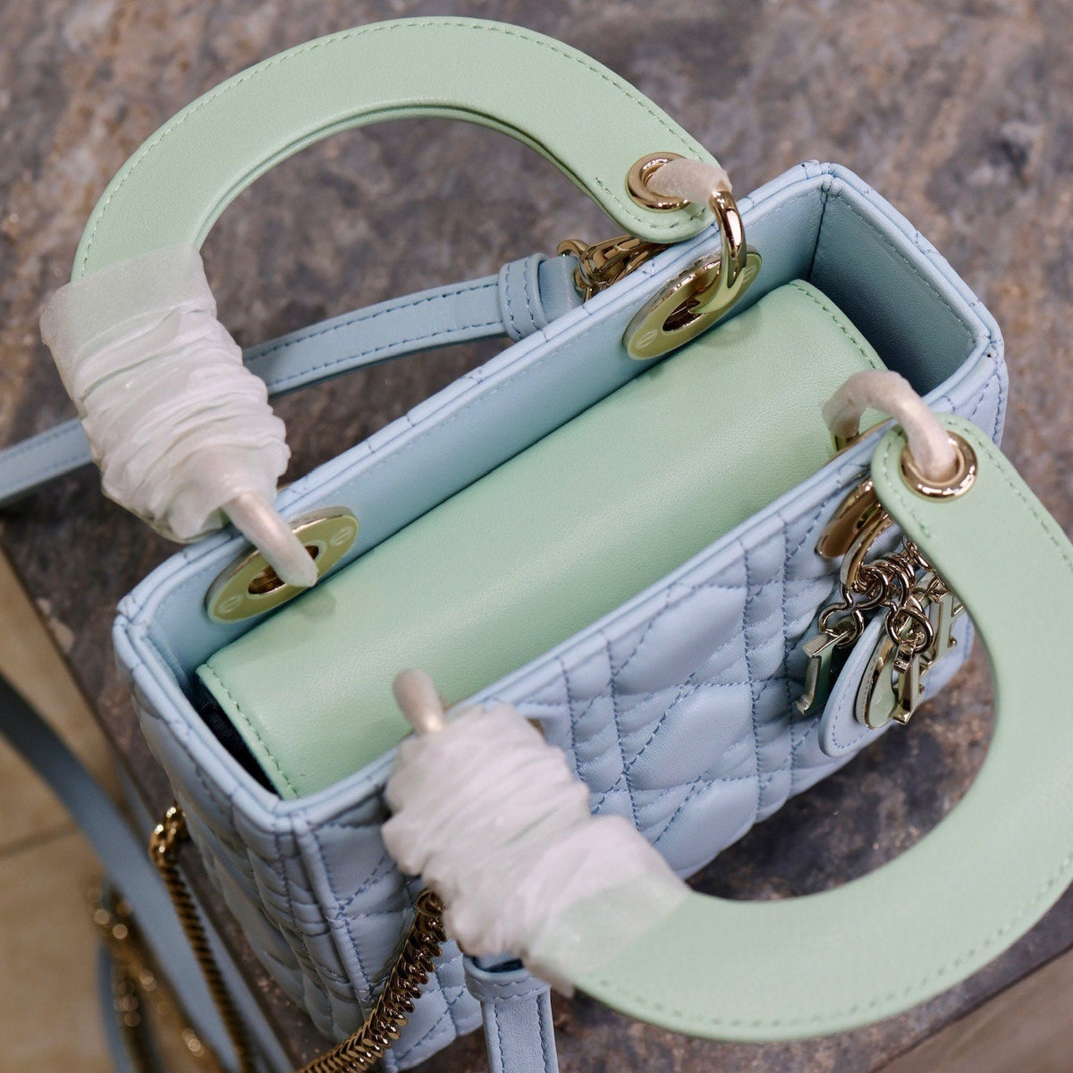 MINI LADY BAG 17 IN BABY BLUE QUILTED MACROCANNAGE CALFSKIN GREEN STRAP