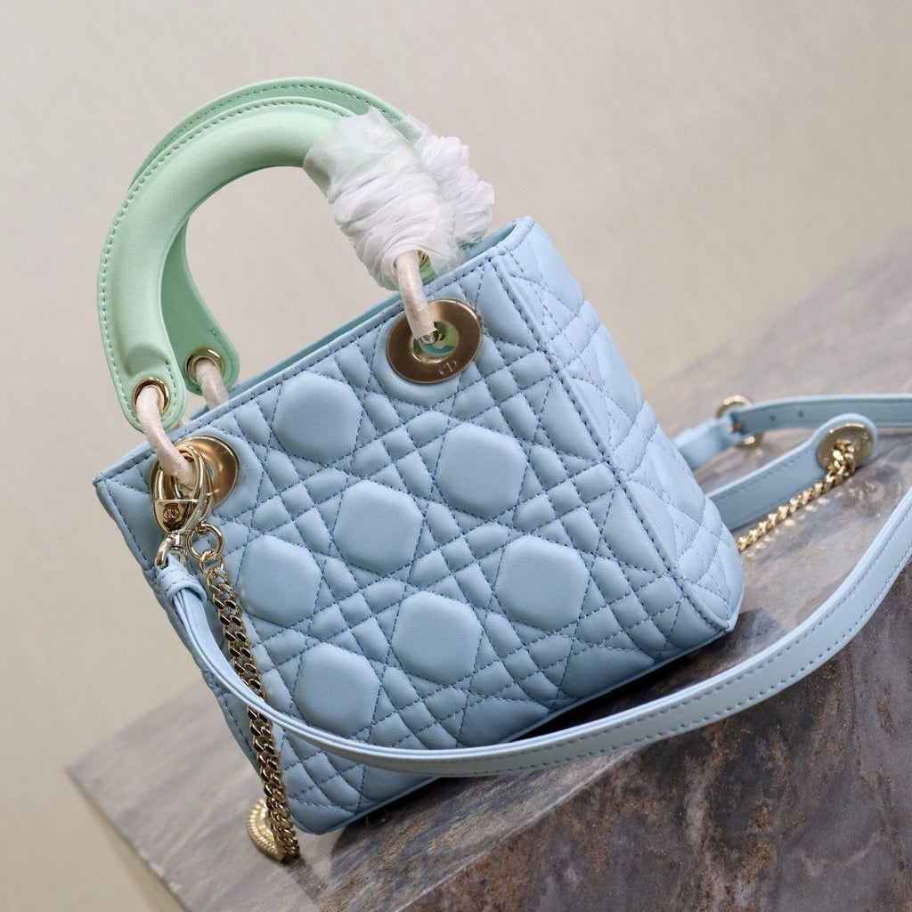 MINI LADY BAG 17 IN BABY BLUE QUILTED MACROCANNAGE CALFSKIN GREEN STRAP