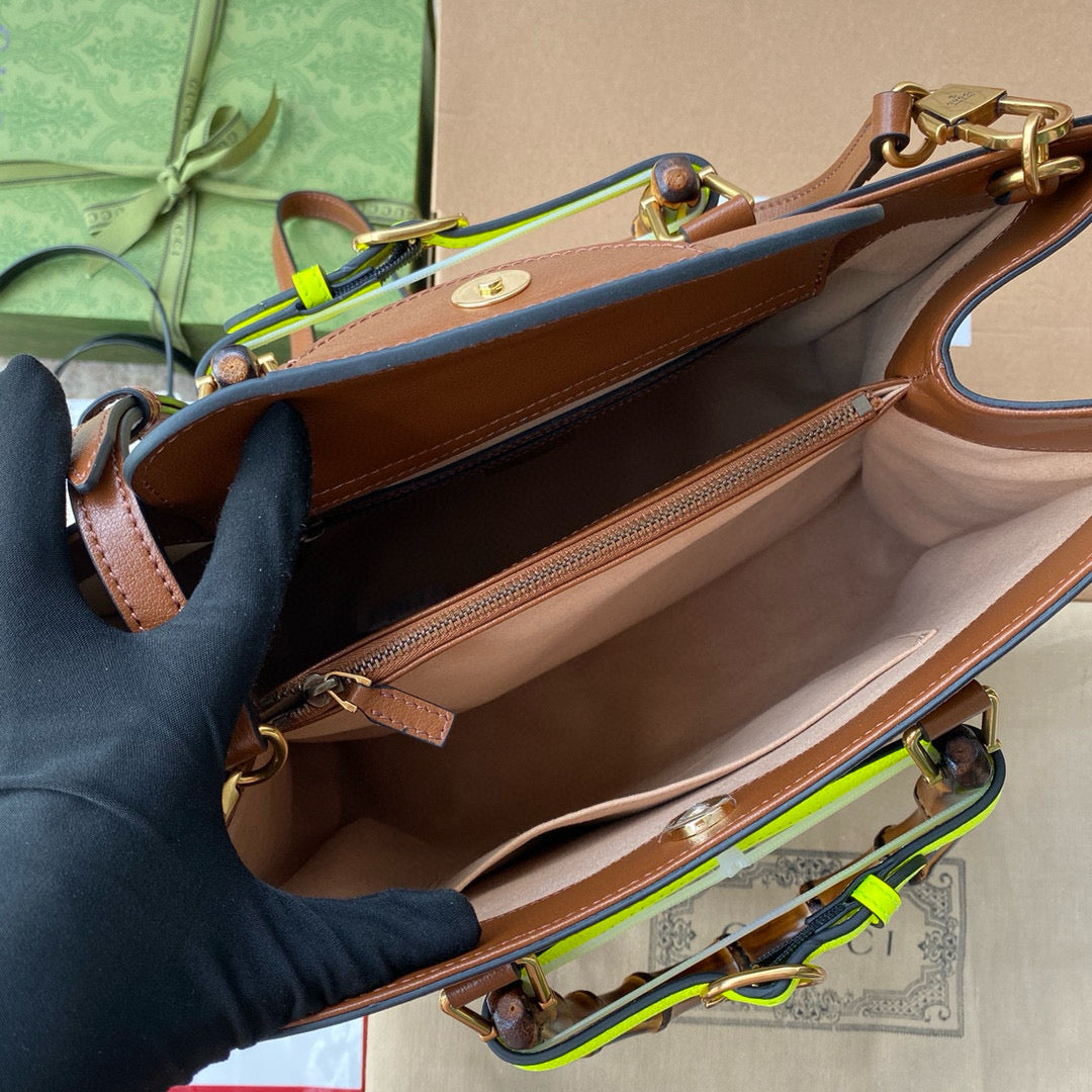 MEDIUM DIANA TOTE BAG 35 IN BROWN LACQUER CALFSKIN BAMBOO HANDLE