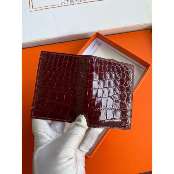 HERM MC¬≤ Euclide Card Holder in Bordeaux Shiny Alligator Leather